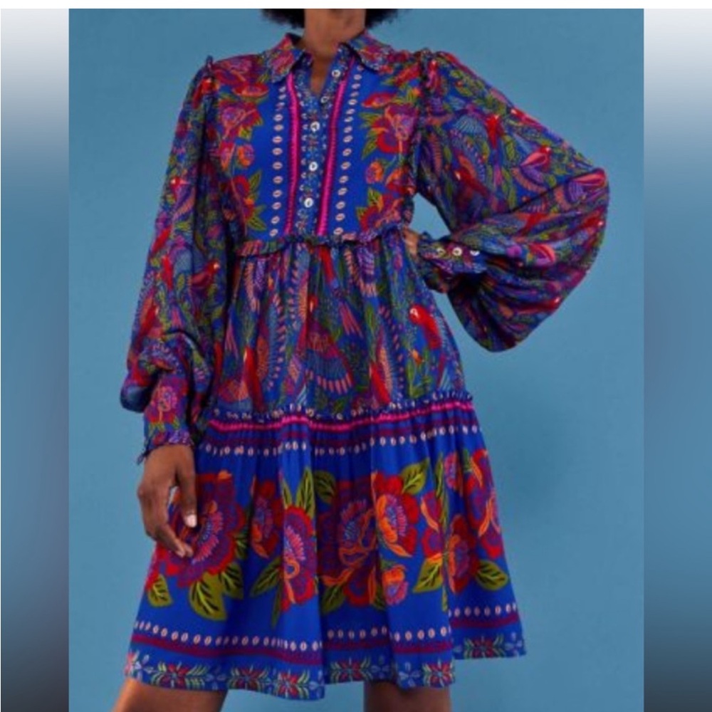 Farm Rio Blue Macaw Flight Long Sleeve Mini Dress